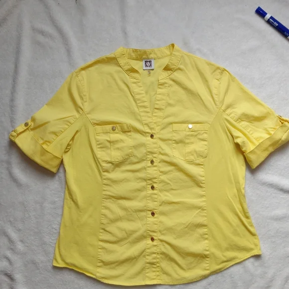 5 for $10 Anne Klein Yellow 1/4 Rollup Sleeve Button Down VNeck Top size XL - Picture 5 of 8
